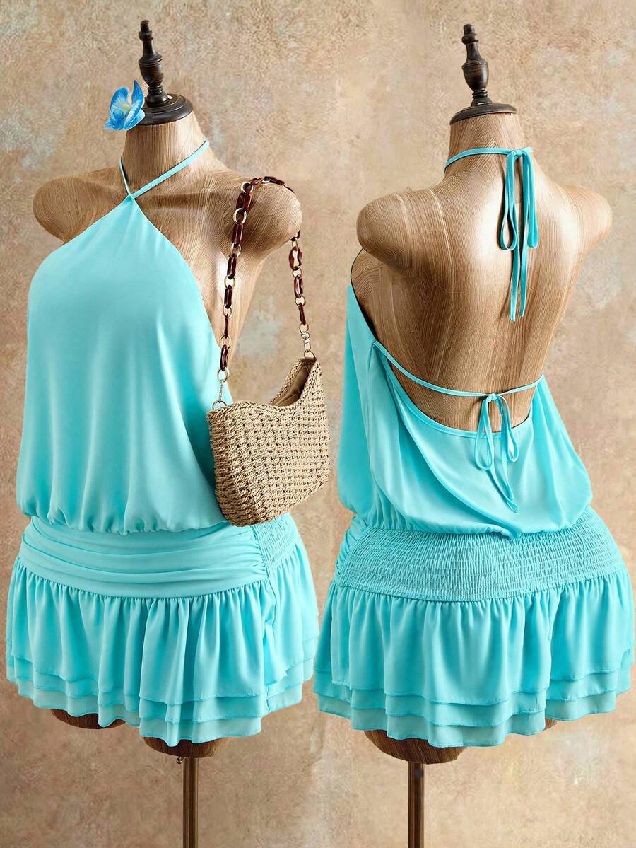 Zestiva Đầm mini nữ màu trơn cổ yếm buộc dây nhún đi hẹn hò màu xanh ngọc, đầm bơi nữ tankini, váy bèo nhún, quần áo mùa hè đi tiệc - Màu xanh bạc hà - Xem 1