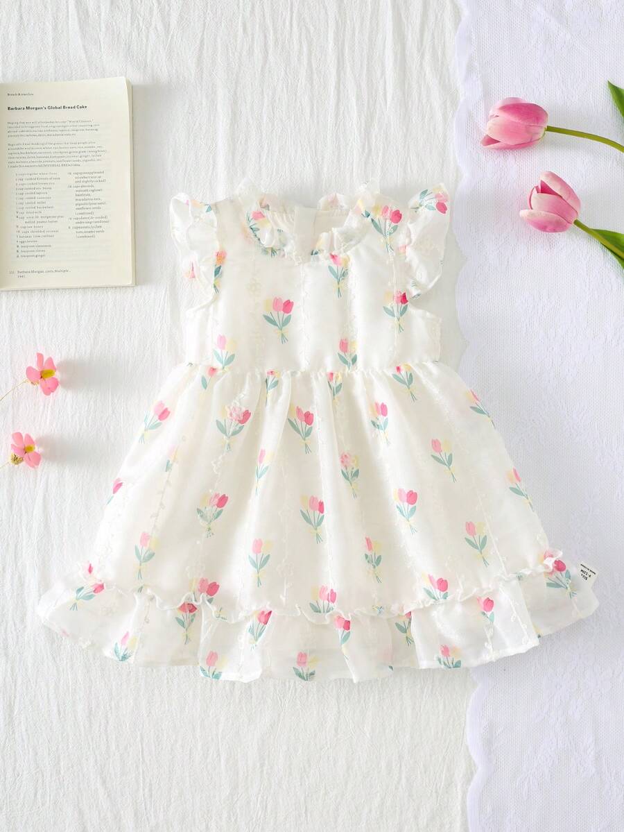 SHEIN 2025 Spring/Summer Rose Print Sleeveless Ruffled Dress For Baby Girls, Zipper Back, Cute & Sweet Princess Style, Versatile For Daily Wear & Commute - Multicolor - View 1