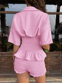 MainGRL 2pcs/Set Women Solid Color Waist Cinched Short Sleeve Top And Shorts Set,Vacation Outfits Women - Baby Pink - View 2
