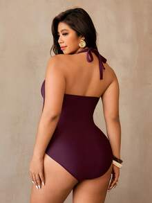 Auralis 大码女式水钻装饰挂脖连体泳衣 - 酒紅色 - 查看 4