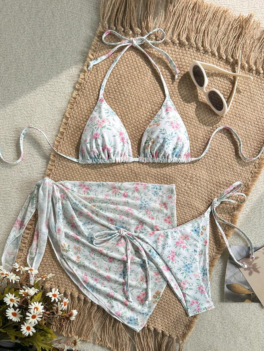 Swim Mod Women's Sweet Floral Print Halter Neck Triangle Bikini Top With Tie Side Bottoms, Matching Skirt Bikini Set Set, Spring/Summer - Multicolor - View 1