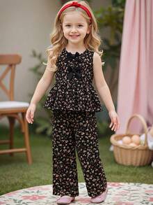 SHEIN Vintaside Kids 女童新款清新碎花两件套，蝴蝶结装饰无袖上衣+配套阔腿裤，甜美可爱时尚日常穿搭，春夏假日 - 黑色 - 查看 5