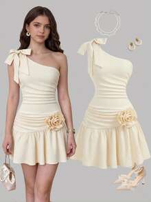 Girlism 儿童青少年女孩优雅杏色露肩连衣裙，饰有蝴蝶结和3D立体花卉图案，复古风格，适合约会、家庭聚会、毕业典礼、度假、舞会、婚礼、派对、活动等场合。女士夏季服装，夏季连衣裙，婚礼宾客礼服，优雅夏季套装，鸡尾酒会礼服，沙滩裙，女士米白色连衣裙，优雅米白色单肩连衣裙 - 杏色 - 查看 1