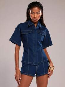 SHEIN BAE Bộ đồ denim 2 món, áo sơ mi ngắn tay cổ bẻ màu xanh chàm và quần short cạp thấp, thích hợp cho các dịp trang trọng, sinh nhật, phong cách thập niên 90, công sở thường ngày, thanh lịch, phong cách phương Tây, đi chơi, thời trang, thường ngày, Y2K, hộp đêm, văn phòng, tiệc cocktail, cổ điển, kỳ nghỉ, lễ hội nhạc đồng quê, công việc, kỳ nghỉ xuân, buổi hòa nhạc, bữa ăn sáng muộn, sân bay. - Rửa trung bình - Xem 6
