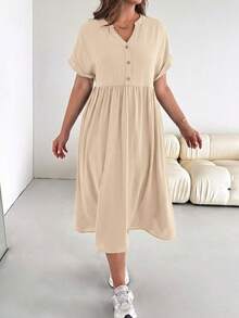 SHEIN Essnce Plus-Size Women's Casual Loose Dress, Summer Short-Sleeved Dress, Loose And Comfortable Dress, Pocket Dress Casual Dresses For Woman Casual Dress - Apricot - View 4