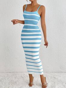 SHEIN LUNE Gaun Camisole Rajut Pas Badan dengan Motif Garis Kontras Kasual Musim Panas - Blue and White - View 4