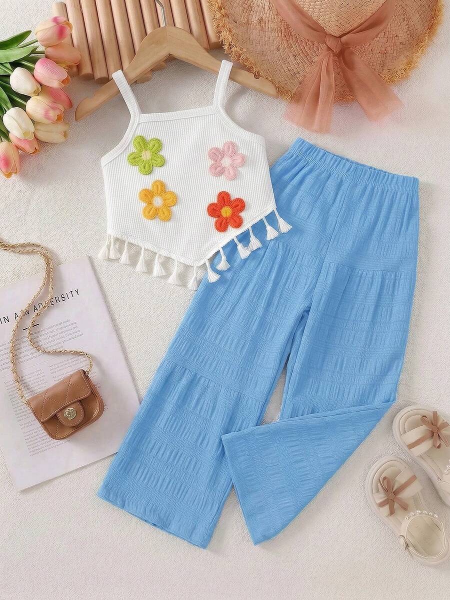 SHEIN 2pcs/Set Girls' Summer Creative 3D Embroidery Decor Camisole With Asymmetrical Hem & Casual Pants Set - Blue - View 1