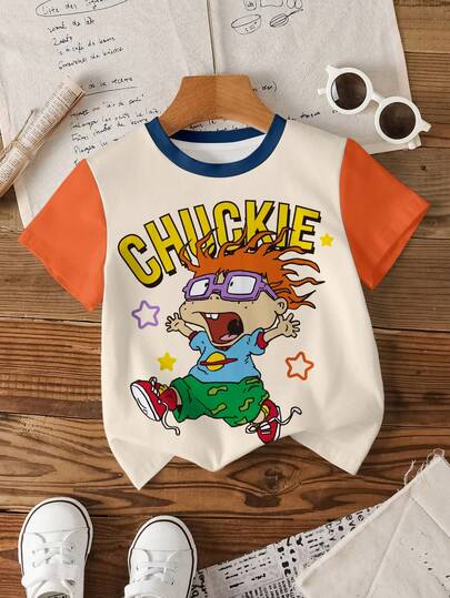 Nick 90s | SHEIN 男童休闲日常通勤上学风趣味可爱卡通字母印花撞色短袖T恤，夏季