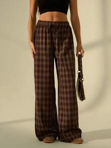 SHEIN Tall Quần nữ màu nâu kẻ caro dáng rộng, tối giản, phong cách thường ngày. - Nhiều màu - Xem 4