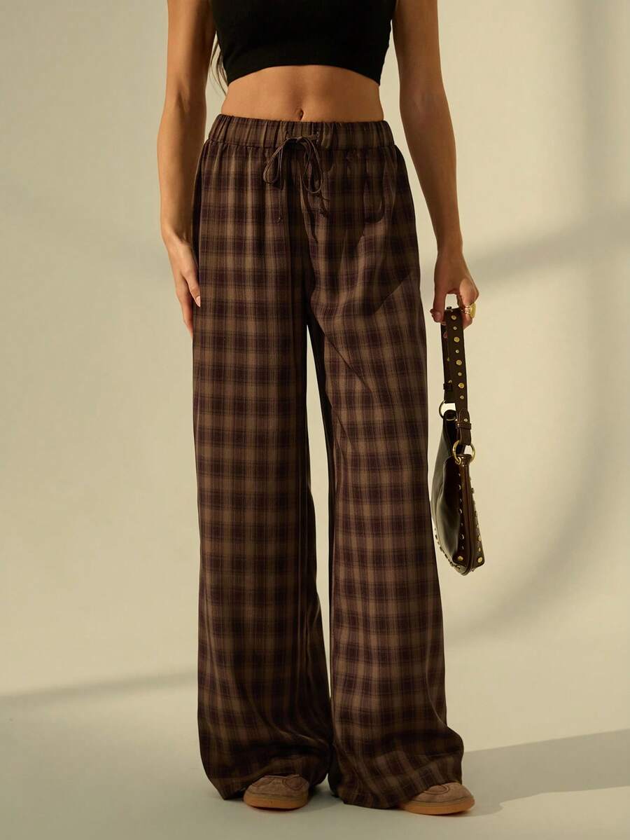 SHEIN Tall 女士棕色宽松格子简约休闲裤 - 彩色 - 查看 1
