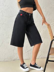 Quần short denim cạp thấp dáng suông màu đen, kiểu dáng thường ngày, cài cúc phía trước. - màu đen - Xem 6