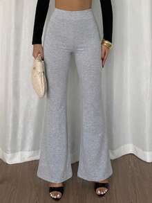 Women's Solid Mid Rise Flare Leg Skinny Fit Comfortable Good Quality Knitted Casual Pants - Light Grey - View 5