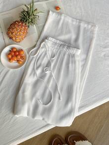 Comfortcana Plus Size Women Solid Color Drawstring Waist Loose Casual Pants - Beige - View 6