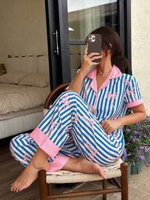 Dream Adore Cute & Sexy Contrast Color Striped Bow Ruffle Women Pajama Set - Multicolor - View 3