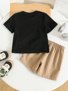 SHEIN 两件套男童休闲舒适百搭印花撞色圆领短袖T恤和纯色短裤套装，复活节主题 - 彩色 - 查看 3