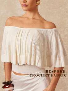 Lumalex 女士优雅露肩荷叶边修身毛衣，夏季 - 杏色 - 查看 10