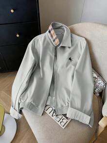INAWLY Casual Loose Zip-Up Contrast Color Graphic Print Long Sleeve Jacket - Blue - View 3