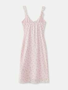 lacRébo 粉色印花网纱中长连衣裙，荷叶边细节和V领设计，可爱约会之夜连衣裙，度假连衣裙，春夏法式巴黎风情连衣裙 - 淺粉色 - 查看 8