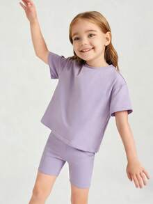 Young Girl 2pcs/Set Solid Color Round Neck Short Sleeve T-Shirt And Shorts Casual Outfit - Multicolor - View 5