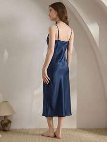 Ocili Comfortable Silky Satin-Like Soft Spaghetti Strap Nightgown For Women - Navy Blue - View 2