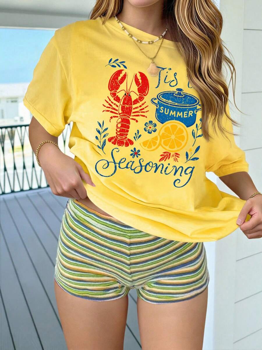 INAWLY 女士休闲黄色斜肩T恤，饰有字母和龙虾图案 - 黃色 - 查看 1