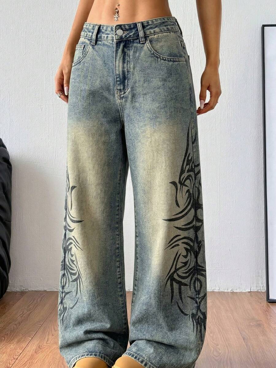 SHEIN PETITE 女士Y2K高腰阔腿牛仔裤，复古水洗蓝色印花宽松牛仔裤，带口袋，完美搭配街头风和Grunge风格服装。女士印花斜插口袋休闲百搭阔腿牛仔裤。 - 黑色 - 查看 1
