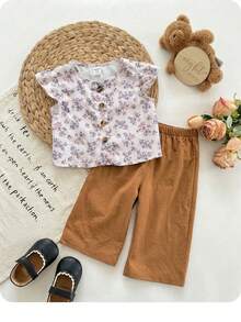 SHEIN Baby Girl Vacation Casual Ditsy Floral Tank Top And Pants Set - Brown - View 8