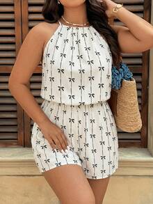 SHEIN VCAY Plus Size Floral Print White Halter Jumpsuit, Drawstring Waist Romper, Casual Countryside Mother's Day Jumpsuit - Apricot - View 5