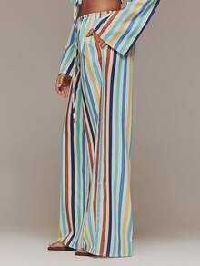 MUSERA Pantalones de pierna ancha con aspecto de lino a rayas, cubrecuerpo de playa bohemio, para playa, festival, primavera, verano, vacaciones, elegante, salida nocturna, cita - Multicolor - Ver 3