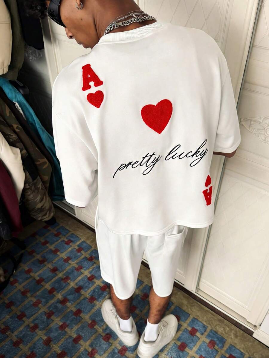 PAVTROS Men's Casual Fashion Street Daily Commute Playing Card Print Dropped Shoulder Loose T-Shirt And Drawstring Waist Shorts Set, Summer - White - View 1