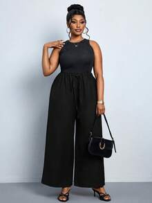 SHEIN PETITE CURVE 女士纯色弹力腰阔腿裤 - 黑色 - 查看 5