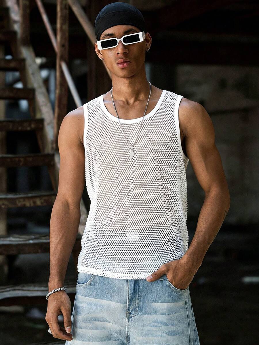 PAVTROS Men's Solid Color Oversized Perforated Jacquard Knit Vest, Suitable For Daily Wear, Outings, Leisure, Sports And Other Occasions In Spring And Summer - White - View 1