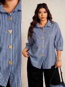 Elaquor Kemeja Lengan Pendek Kasual Wanita Ukuran Besar dengan Motif Garis-garis dan Kancing Hati Logam - Biru - View 1
