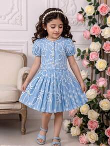 2件套女童休闲优雅白色提花珍珠纽扣开衫和百褶裙套装，适合派对和假日场合，夏季 - 藍色 - 查看 5