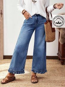 EMERY ROSE Plus Size Women Street Casual Comfortable Mid-Blue Non-Stretch Ruffle Hem Straight Leg Jeans - Medium Wash - View 5