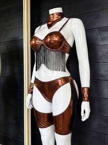 Fantasy Costume Fantasy Costume 5件套金属涂层面料不对称流苏牛仔女郎服装套装，时尚角色扮演服装 - 棕色 - 查看 5