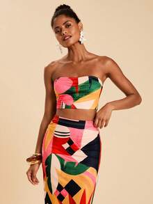 Travachic Women's Geometric Print Cropped Bandeau Top & Mini Skirt 2 Pieces Set, Vacation - Multicolor - View 7