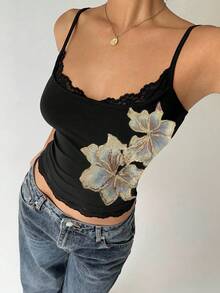 Aloruh 2件套女士夏季休闲复古花卉刺绣拼接蕾丝修身短款吊带背心，花卉刺绣吊带背心，优雅细肩带无袖背心，夏季派对外出上衣 - 彩色 - 查看 12