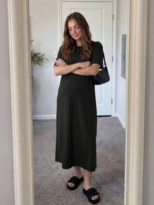 SHEIN 孕妇纯色圆领短袖休闲连衣裙 - 黑色 - 查看 5
