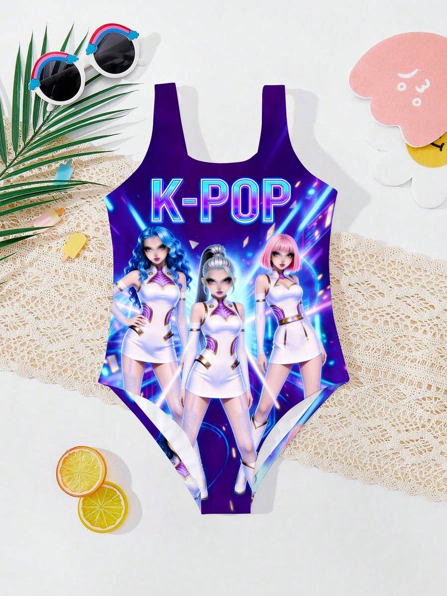 SHEIN 卡通少女头像,亮紫色,K-Pop 超级明星,卡通女团泳装印花图案,适合夏季的连体泳衣 - 彩色 - 查看 1
