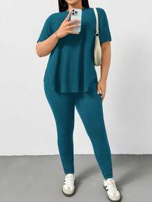 SHEIN Essnce 大码女装春夏时尚休闲运动舒适百搭显瘦日常黑色短袖T恤和打底裤两件套，裤装套装，街头风，机场穿搭，夏季女装，外出穿搭，Y2K风格，极简风，女士教堂着装 - 水鴨藍 - 查看 5