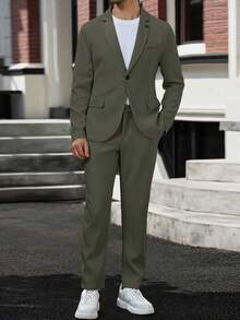 Manfinity Mode Conjunto de traje de negocios para hombres con blazer de manga larga con cuello de solapa y pantalones. Traje verde, blazer verde, traje verde oliva para hombres. Un gran regalo para un novio o esposo. - Verde militar - Ver 7