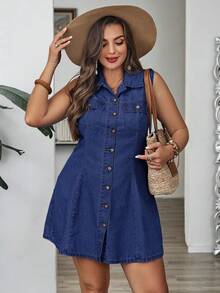 EMERY ROSE EMERY ROSE Plus Size Solid Color Minimalist Sleeveless Denim Dress, Casual Everyday Wear - Dark Wash - View 5