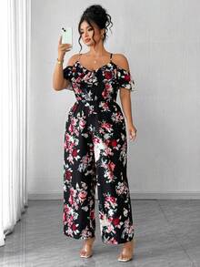Elenzga Plus Size Casual Vacation Printed Spaghetti Strap Off-Shoulder Cap Sleeve Jumpsuit Fall - Multicolor - View 3