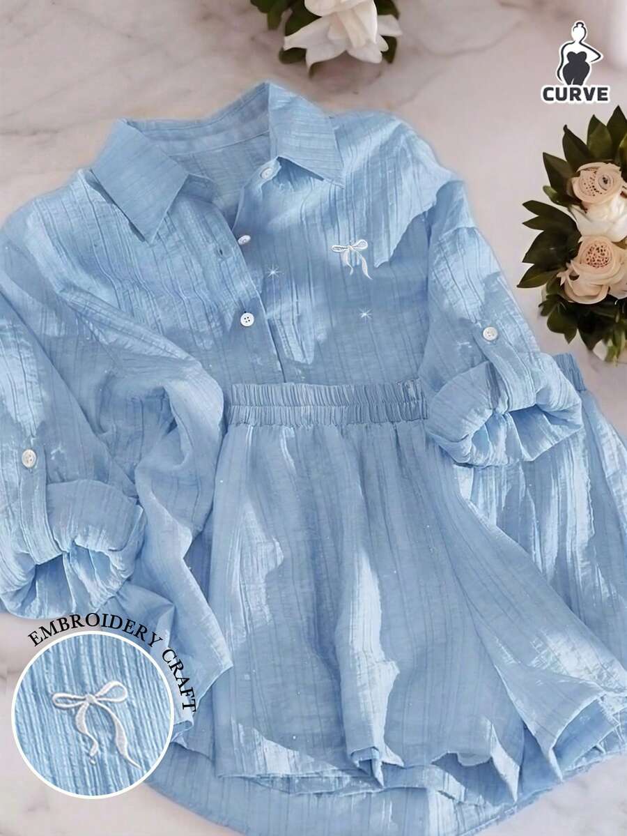 Airaco Plus Size Women Bow Knot Embroidery Pattern Drawstring Top And Shorts Casual Daily Suit - Blue - View 1