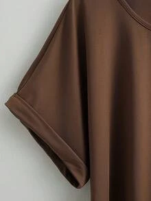 SHEIN Franclia Women's Brown T-Shirt And Khaki Pleated Skirt Set,Classy Elegant Summer Outfit With Belted A-Line Skirt,Beige Brunch Office Commuting 2 Piece Outfit - Coffee Brown - View 3