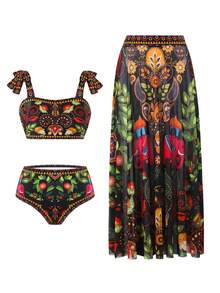 Swim Oasis Conjunto de Maiô Plus Size de Alta Qualidade com Saia de Chiffon Estampada, Maiô de Moda Europeia e Americana - Multicolorido - Visão 5