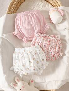 SHEIN 3件套新生女宝宝荷叶边下装 | 棉质双层绉纱面料，碎花图案，多层荷叶边设计，柔软舒适，甜美风格，适合派对、外出、拍照，可爱礼物之选 - 彩色 - 查看 2