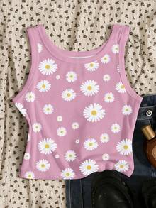SHEIN Daisy Print Women's Slim-Fit Round Neck Tank Top - Multicolor - View 3