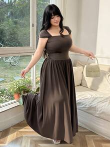 CovetEZ 大码优雅蝴蝶结腰身褶皱方领泡泡袖连衣裙，适合约会、春夏穿着，女士夏季连衣裙 - 棕色 - 查看 5